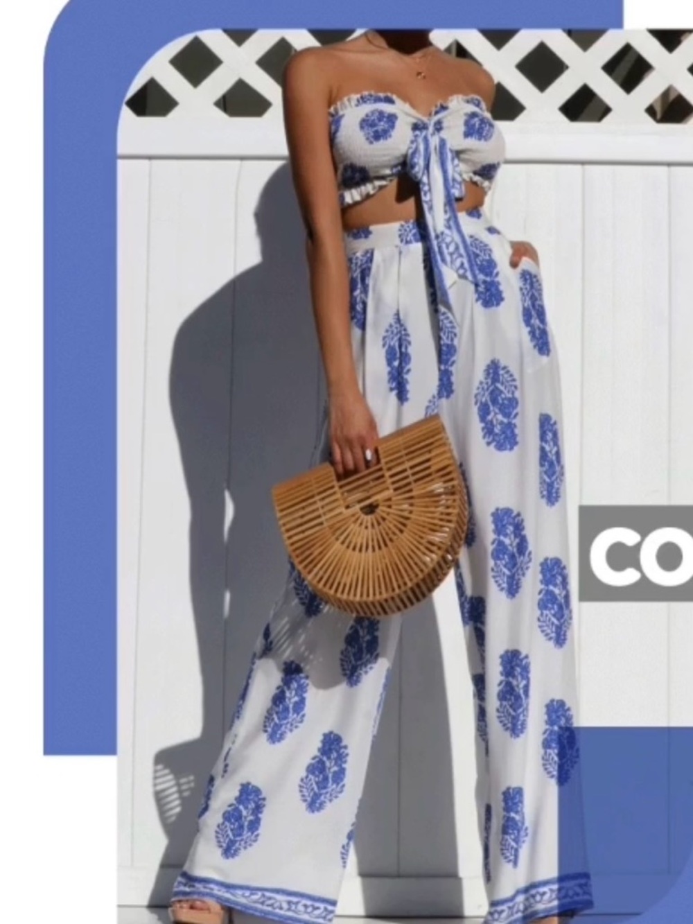 White & Blue Printed Wide-Leg Pants